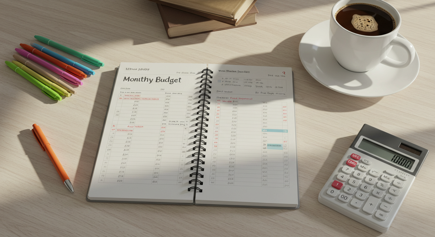 Mesa organizada com caderno de orçamento, calculadora e canetas.