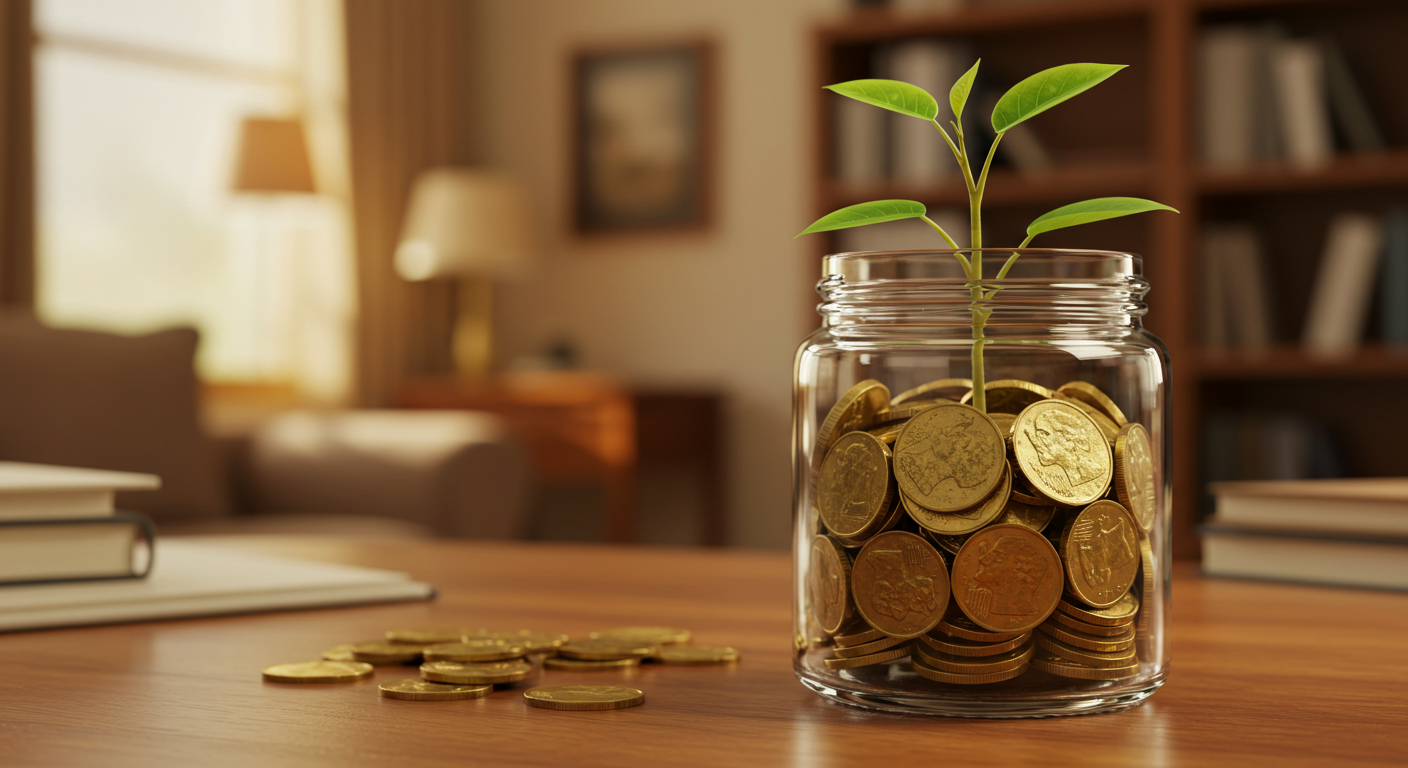 Pequena planta brotando de pote de moedas.
