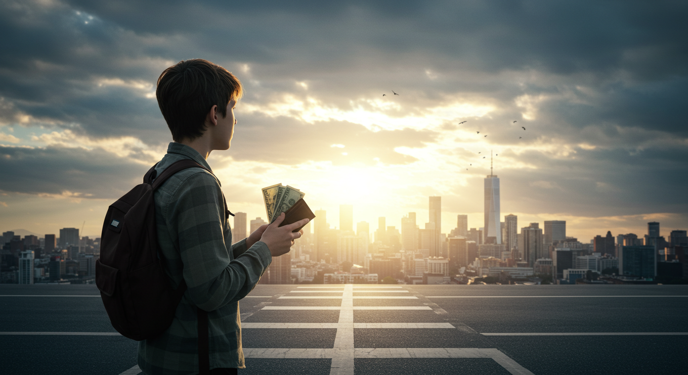 Pessoa em encruzilhada olhando para horizonte, simbolizando novos começos financeiros.